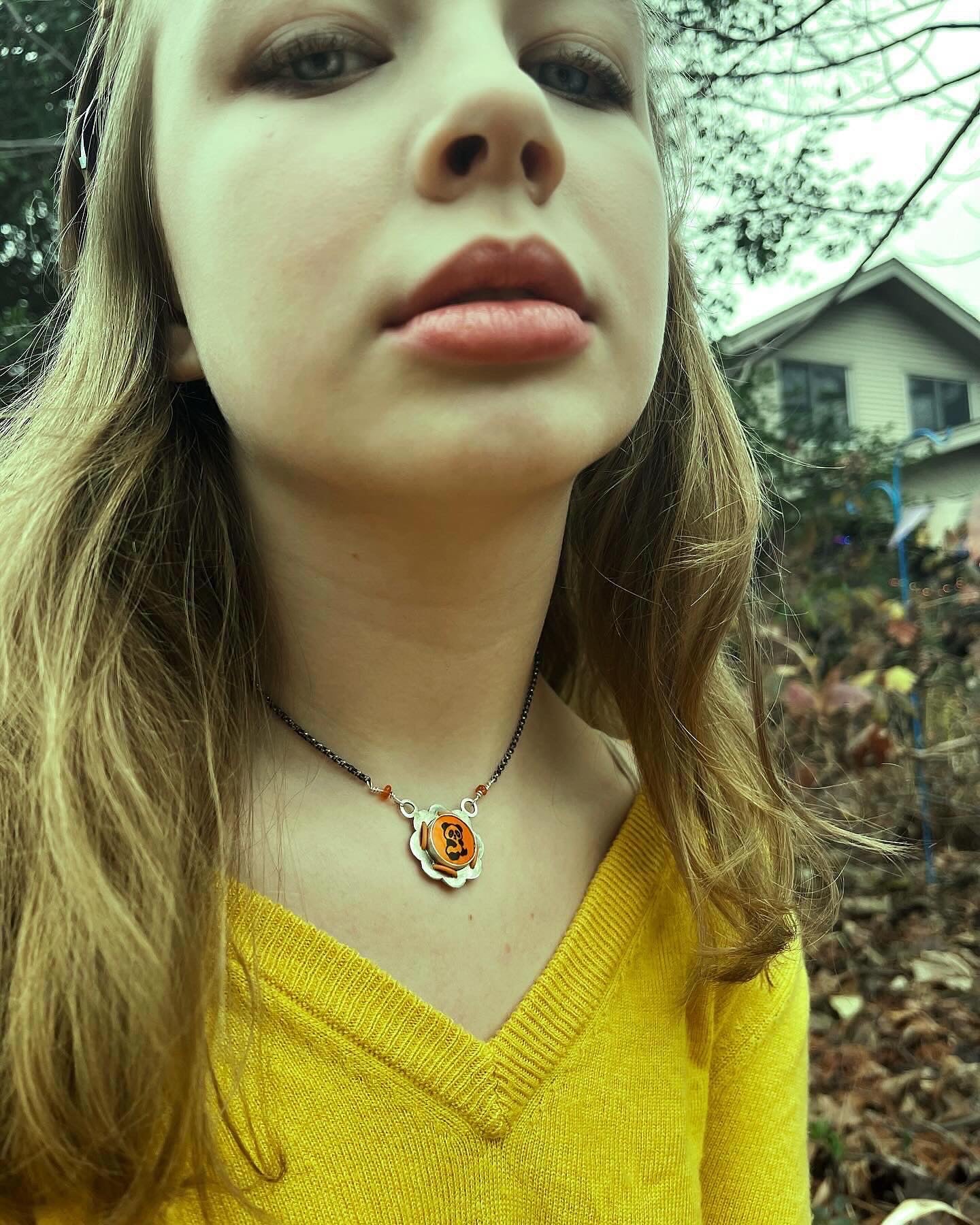 Peaceful Panda Sterling Silver, vintage button, fire opal necklace