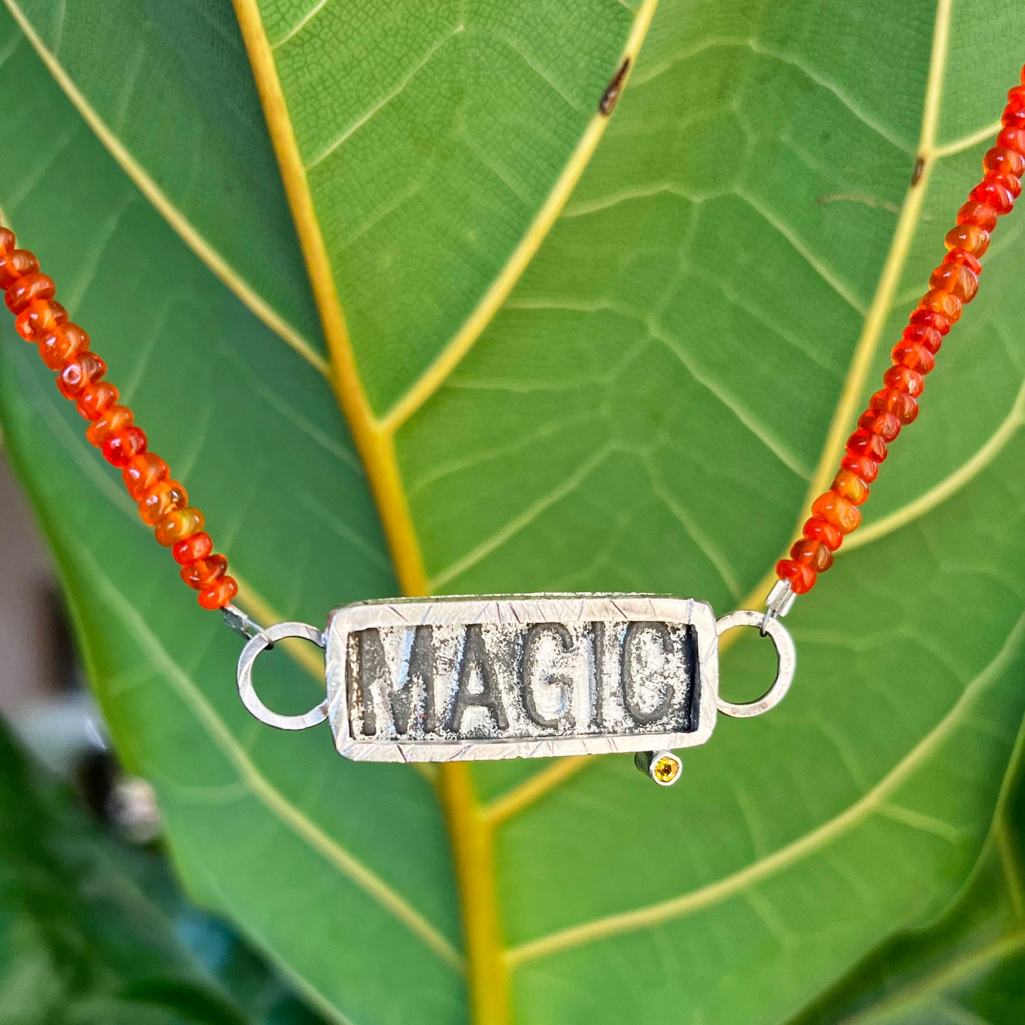 Magic Sterling Silver, Yellow Sapphire, Fire Opal, Vintage Tobacco Tag Necklace