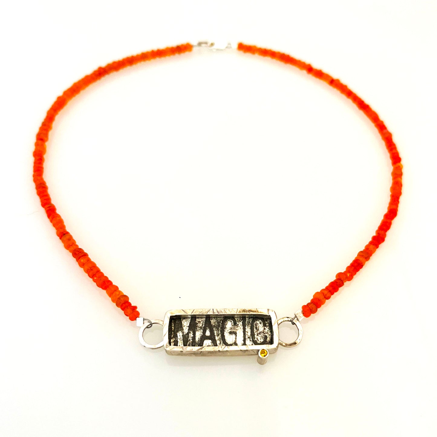 Magic Sterling Silver, Yellow Sapphire, Fire Opal, Vintage Tobacco Tag Necklace